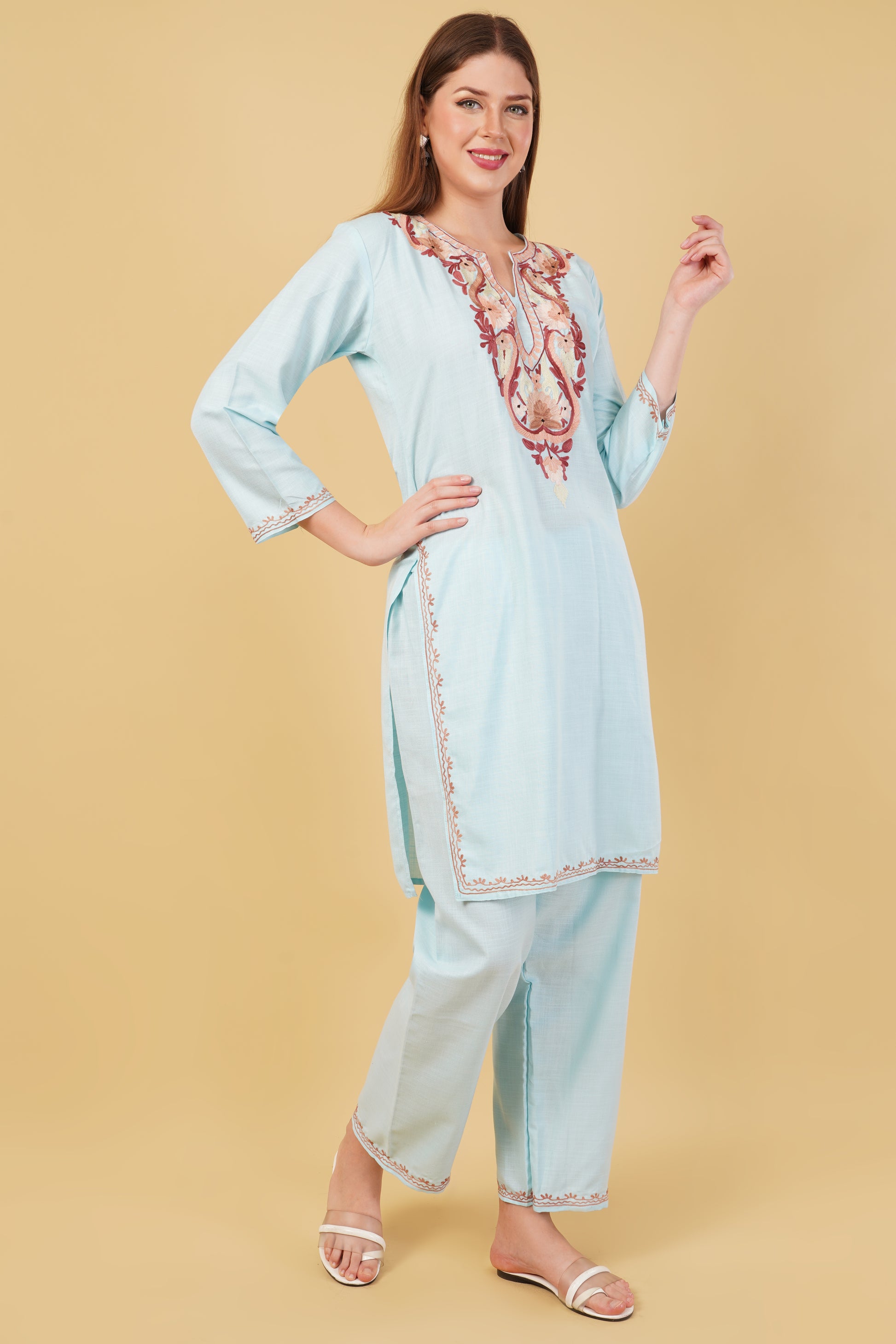 Kashmiri Aari embroidery Cotton Co-ord set Size-42 (Sky Blue)