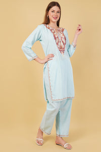 Kashmiri Aari embroidery Cotton Co-ord set Size-42 (Sky Blue)