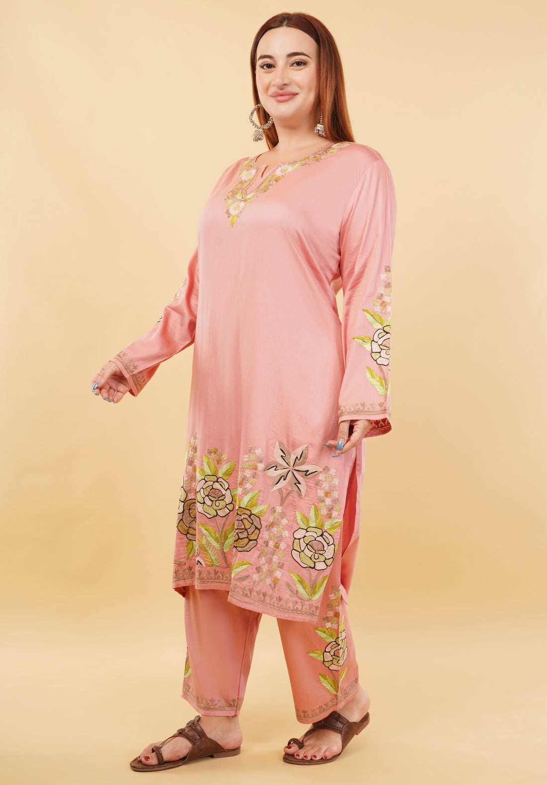 Kashmiri Aari embroidery Jaam Cotton Co-ord set Size-48 (Salmon Pink)