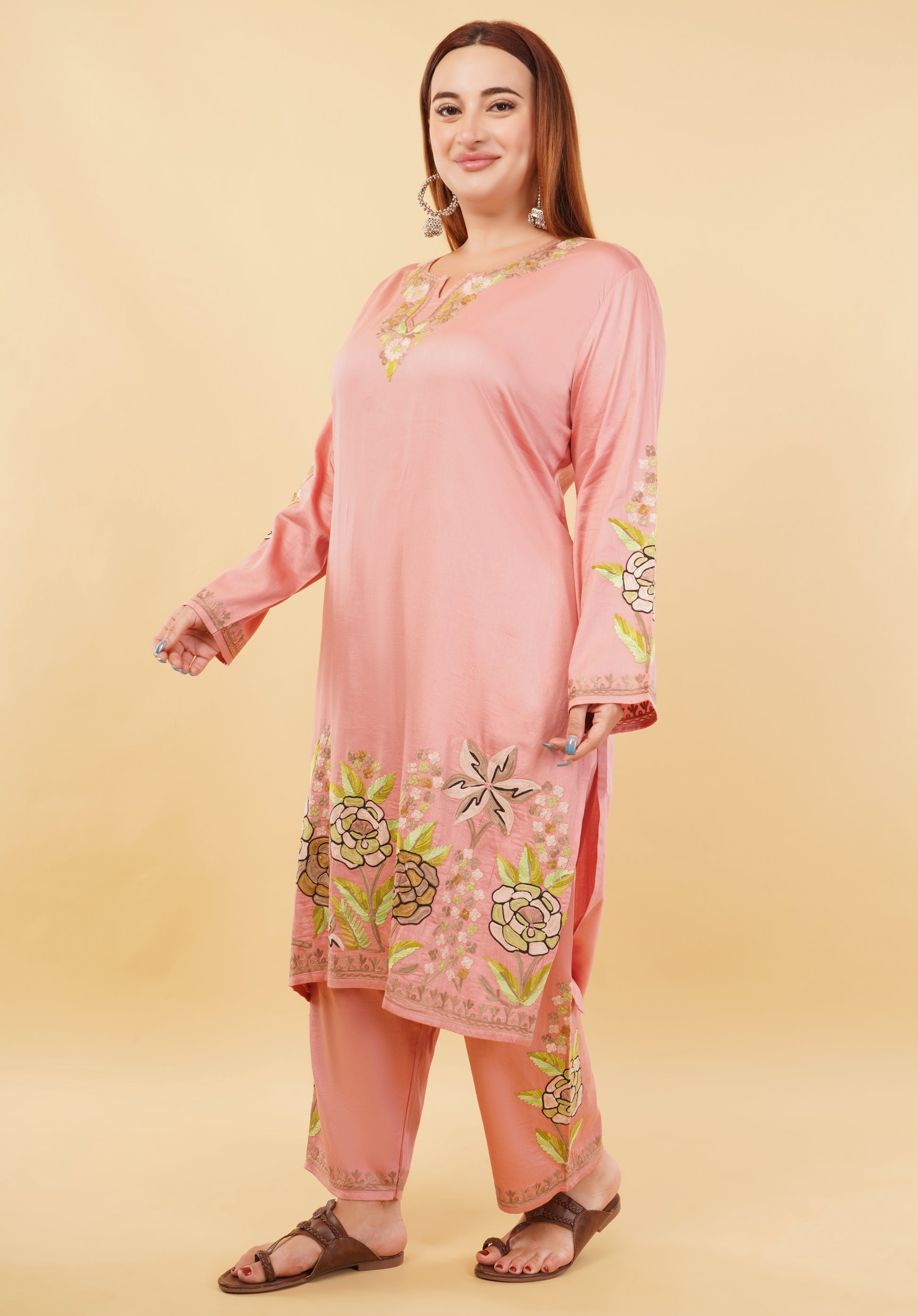 Kashmiri Aari embroidery Jaam Cotton Co-ord set Size-48 (Salmon Pink)