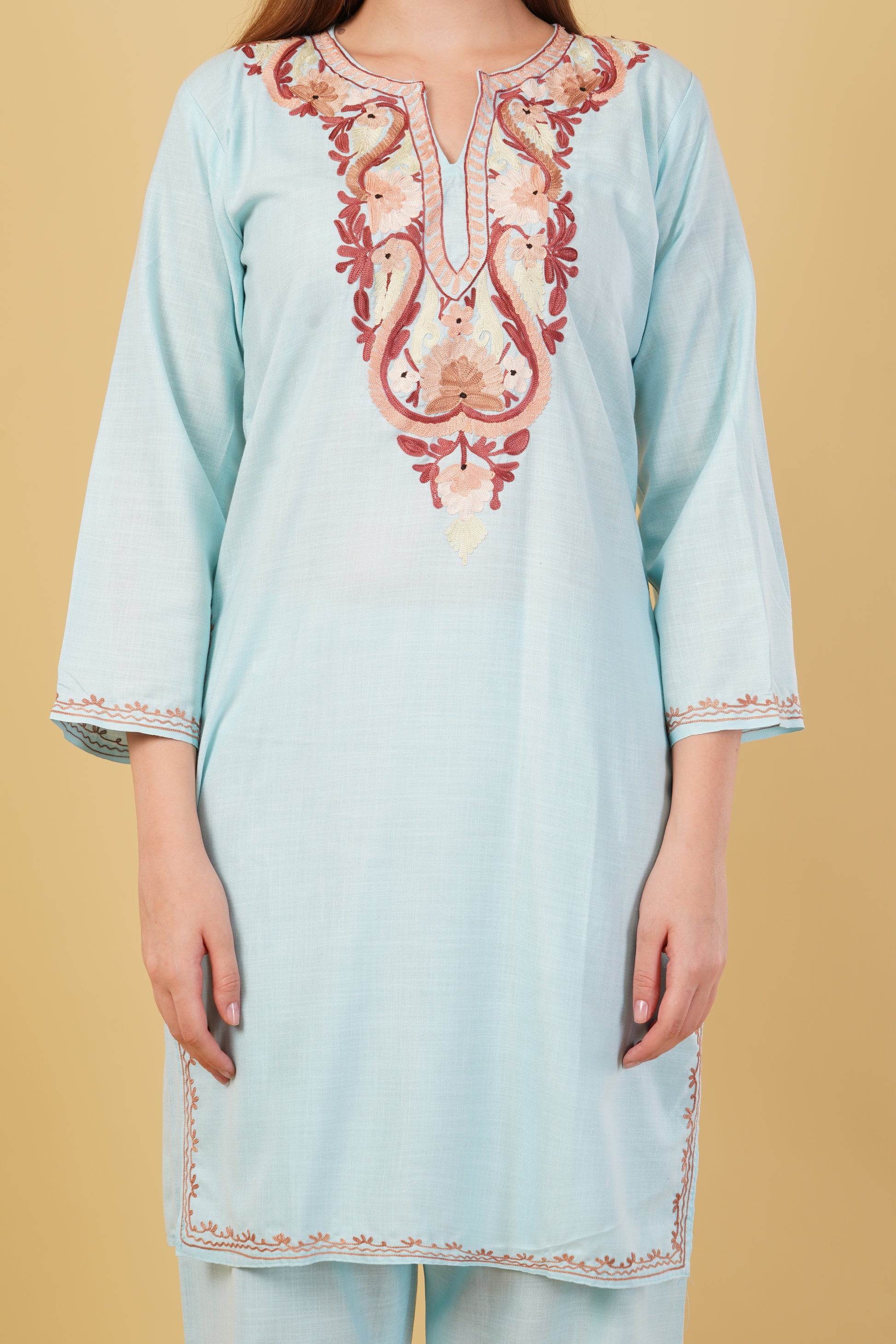 Kashmiri Aari embroidery Cotton Co-ord set Size-42 (Sky Blue)