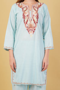 Kashmiri Aari embroidery Cotton Co-ord set Size-42 (Sky Blue)