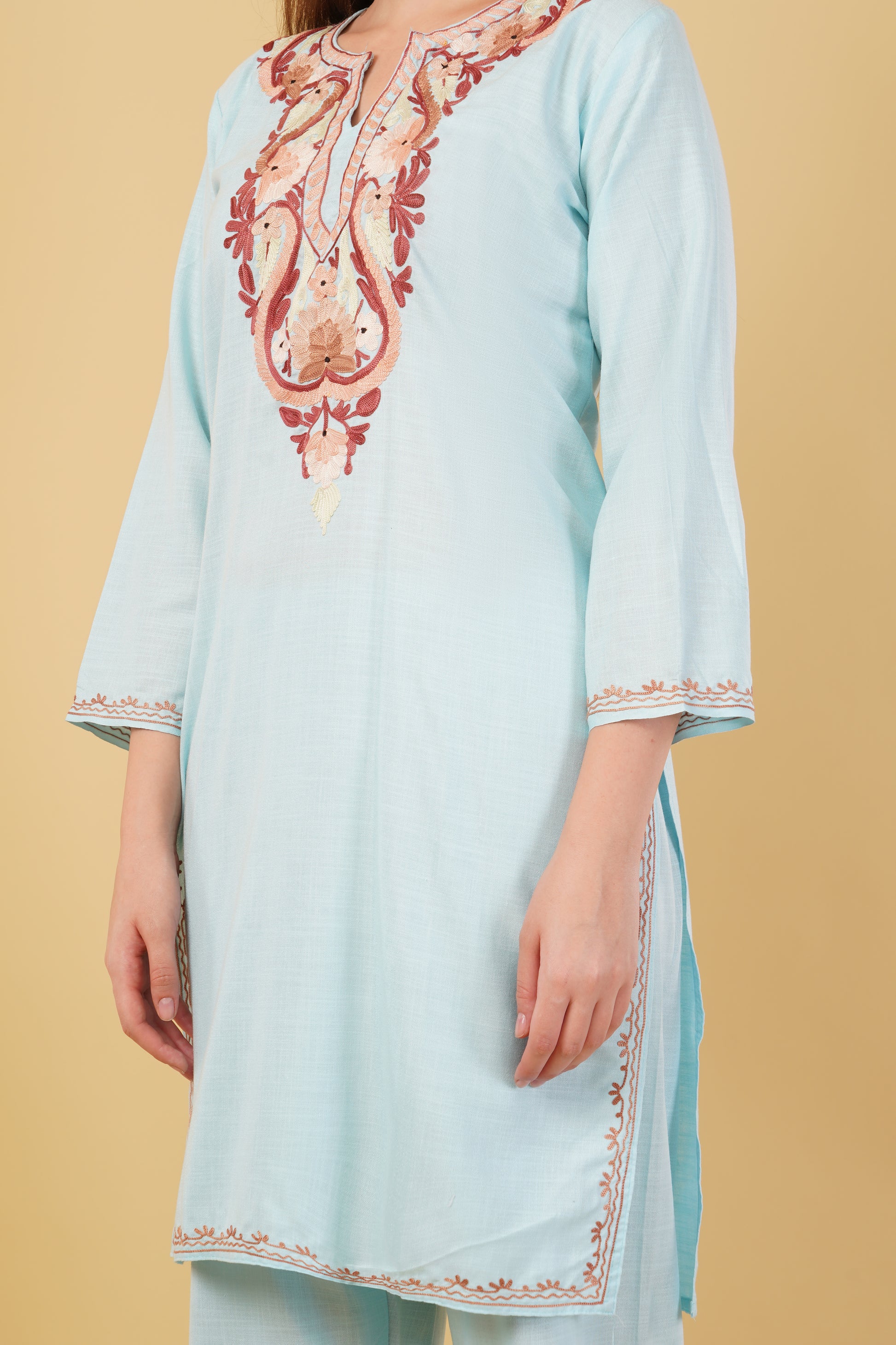 Kashmiri Aari embroidery Cotton Co-ord set Size-42 (Sky Blue)