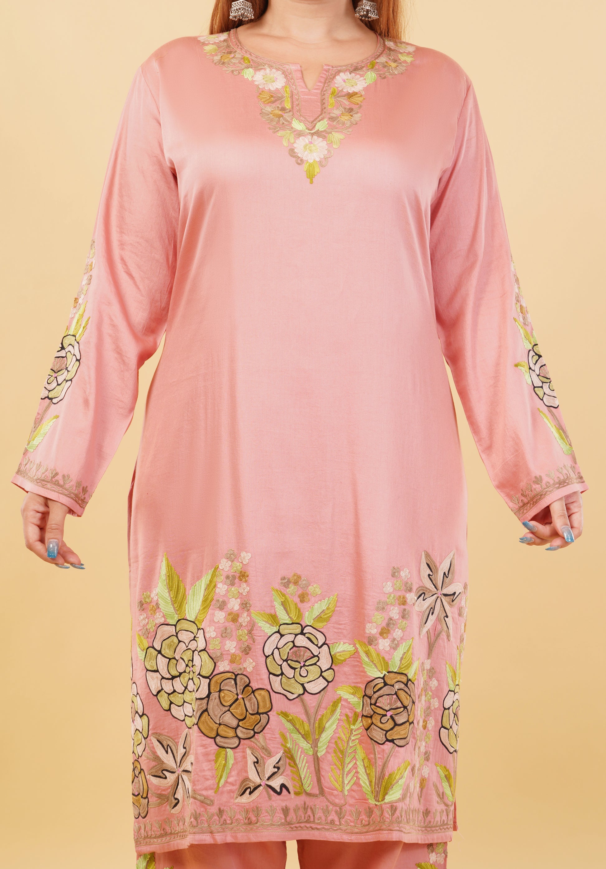 Kashmiri Aari embroidery Jaam Cotton Co-ord set Size-48 (Salmon Pink)