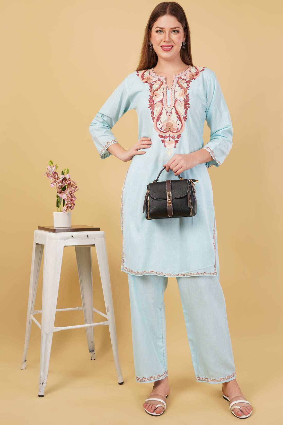 Kashmiri Aari embroidery Cotton Co-ord set Size-42 (Sky Blue)