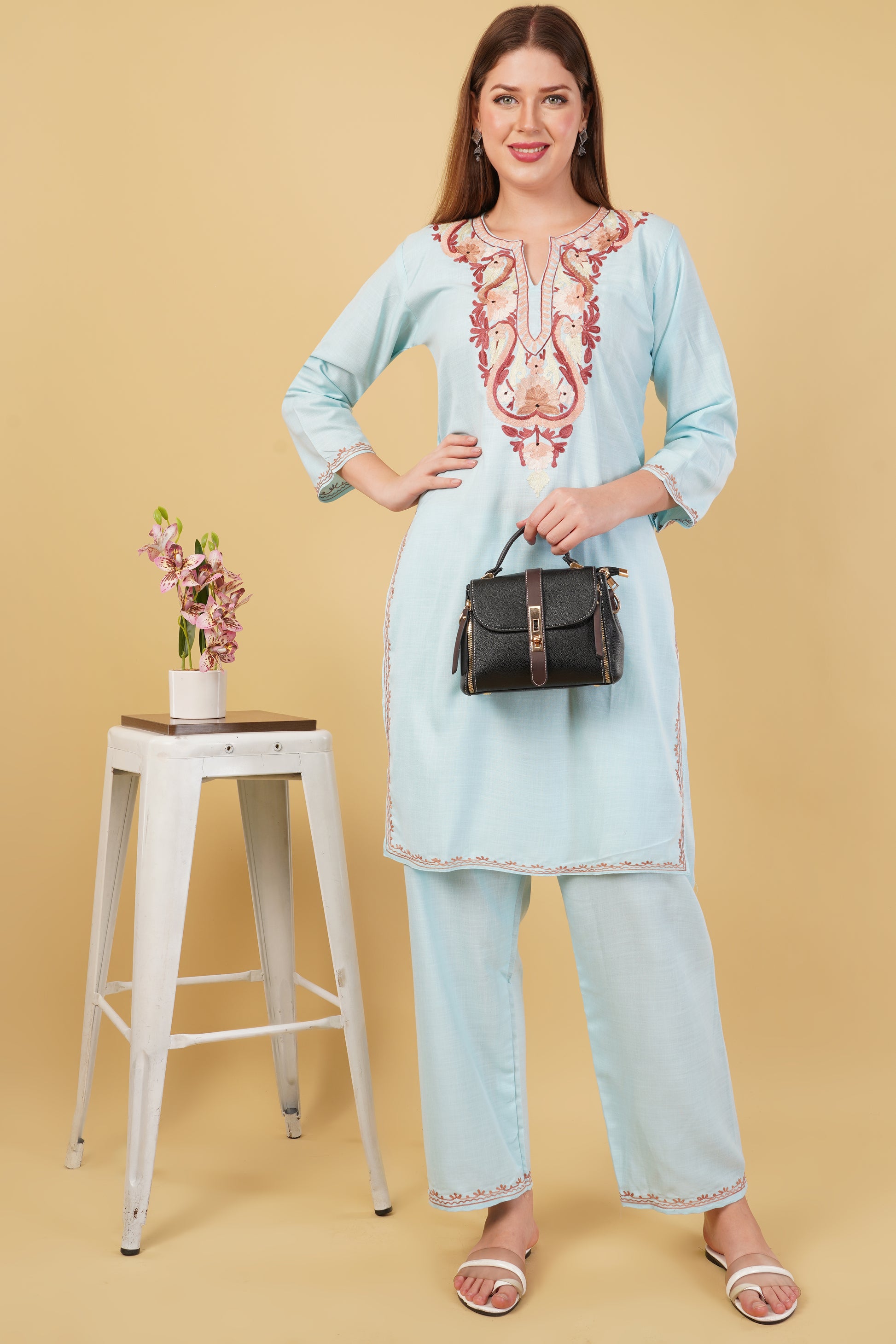 Kashmiri Aari embroidery Cotton Co-ord set Size-42 (Sky Blue)