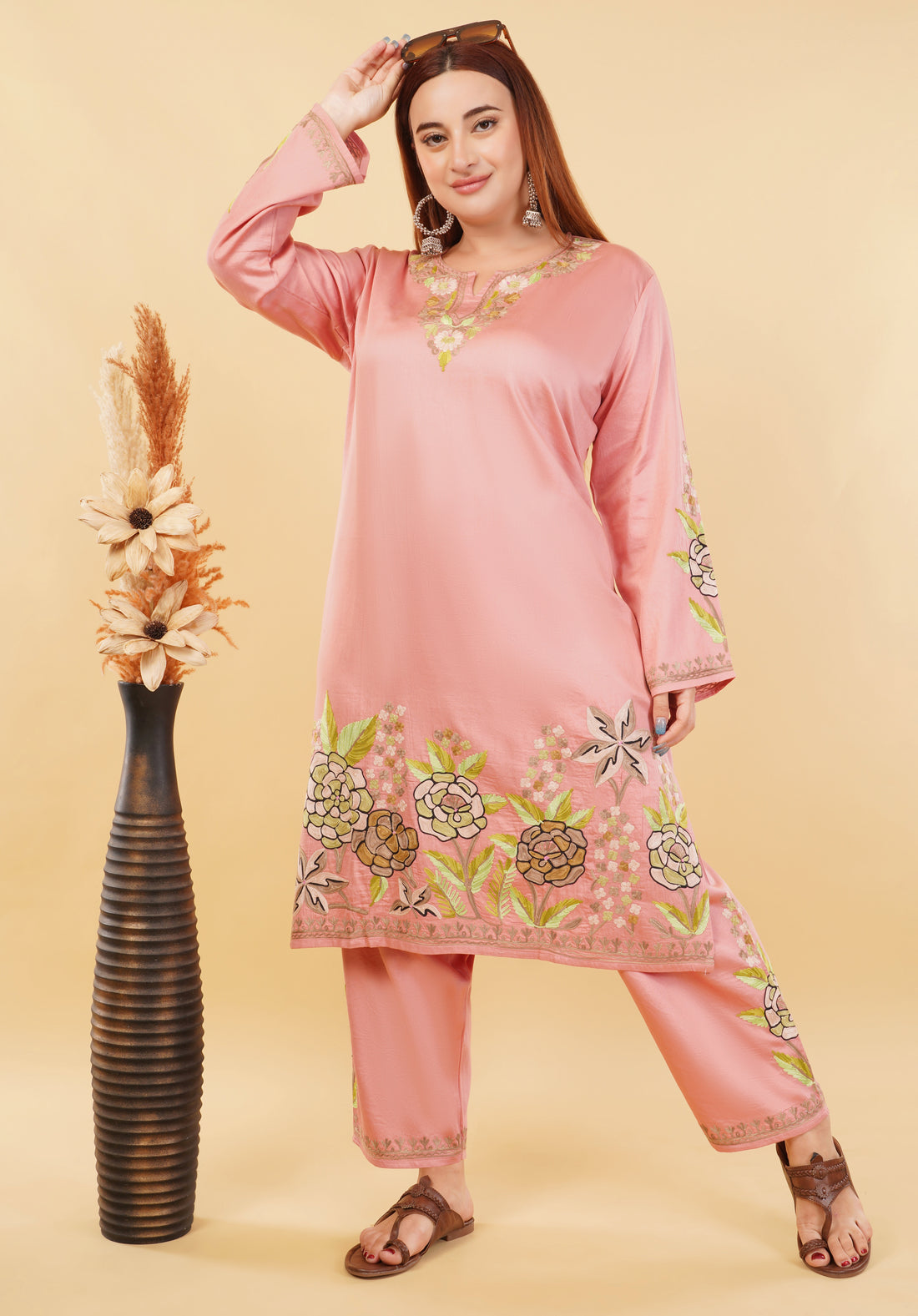 Kashmiri Aari embroidery Jaam Cotton Co-ord set Size-48 (Salmon Pink)