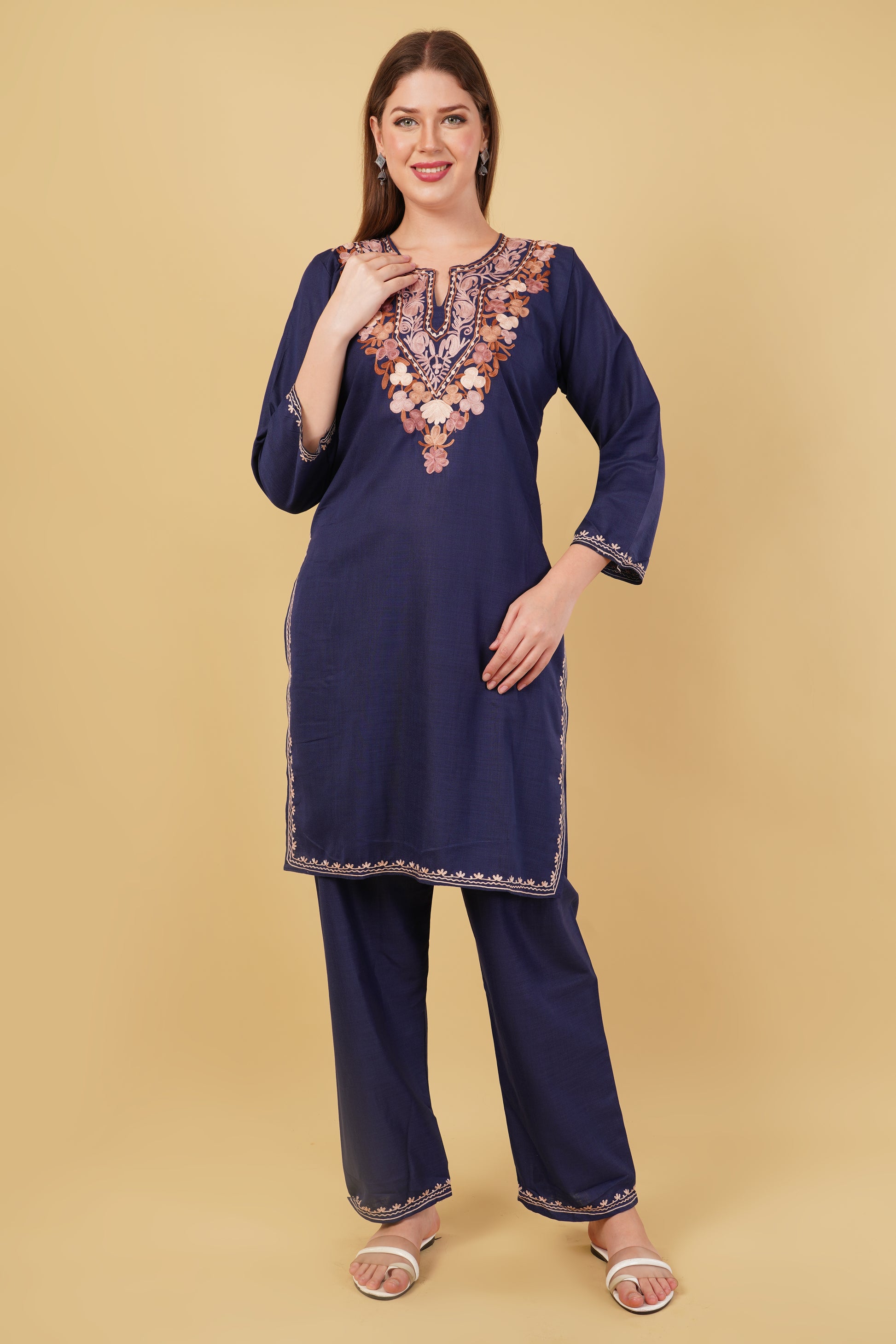 Kashmiri Aari embroidery Cotton Co-ord set Size-42 (Navy Blue)