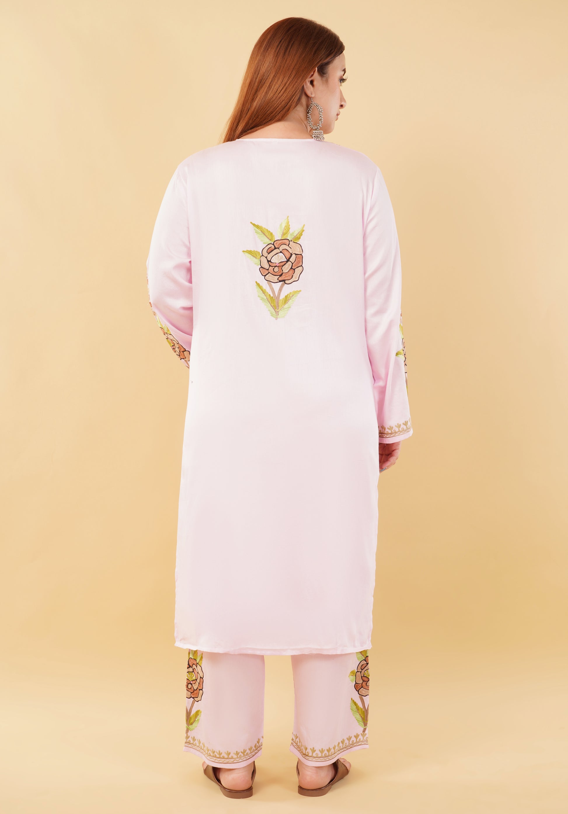 Kashmiri Aari embroidery Jaam Cotton Co-ord set Size-48 (Pink)