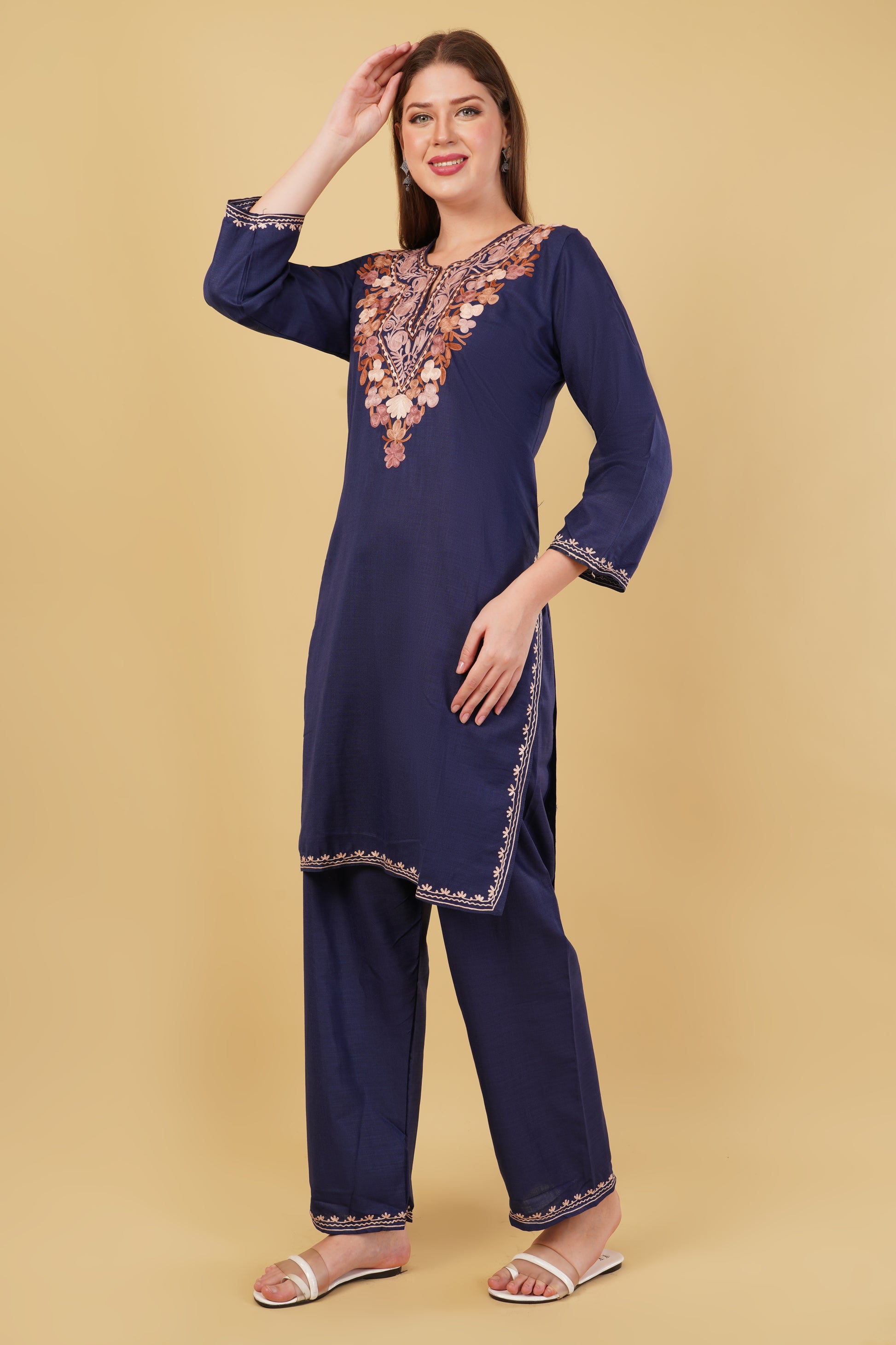 Kashmiri Aari embroidery Cotton Co-ord set Size-42 (Navy Blue)