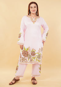 Kashmiri Aari embroidery Jaam Cotton Co-ord set Size-48 (Pink)