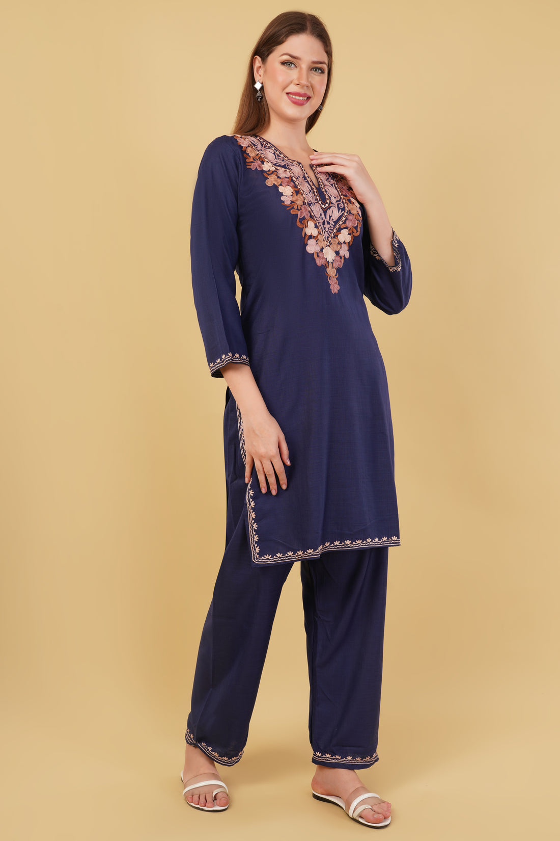 Kashmiri Aari embroidery Cotton Co-ord set Size-42 (Navy Blue)