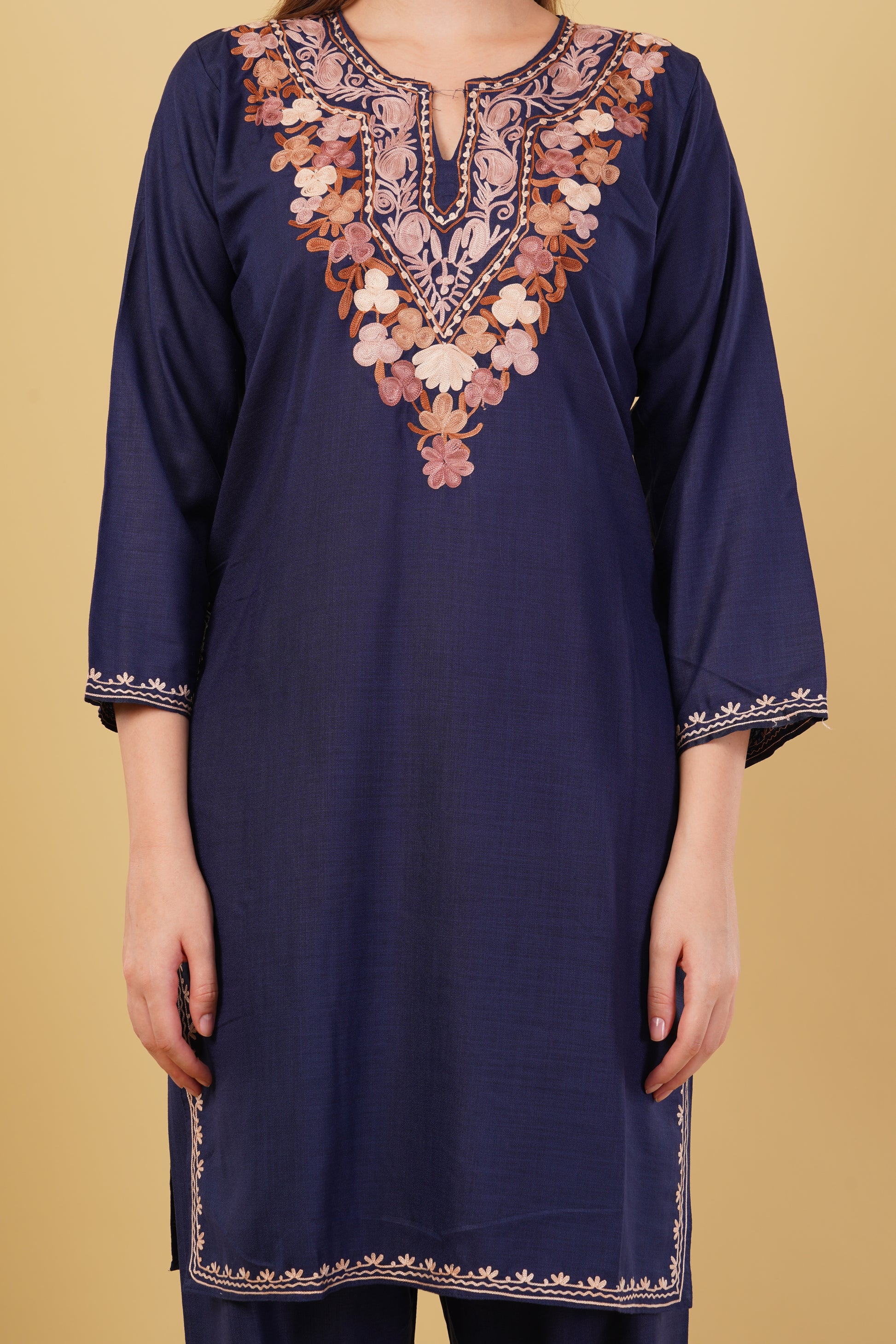 Kashmiri Aari embroidery Cotton Co-ord set Size-42 (Navy Blue)