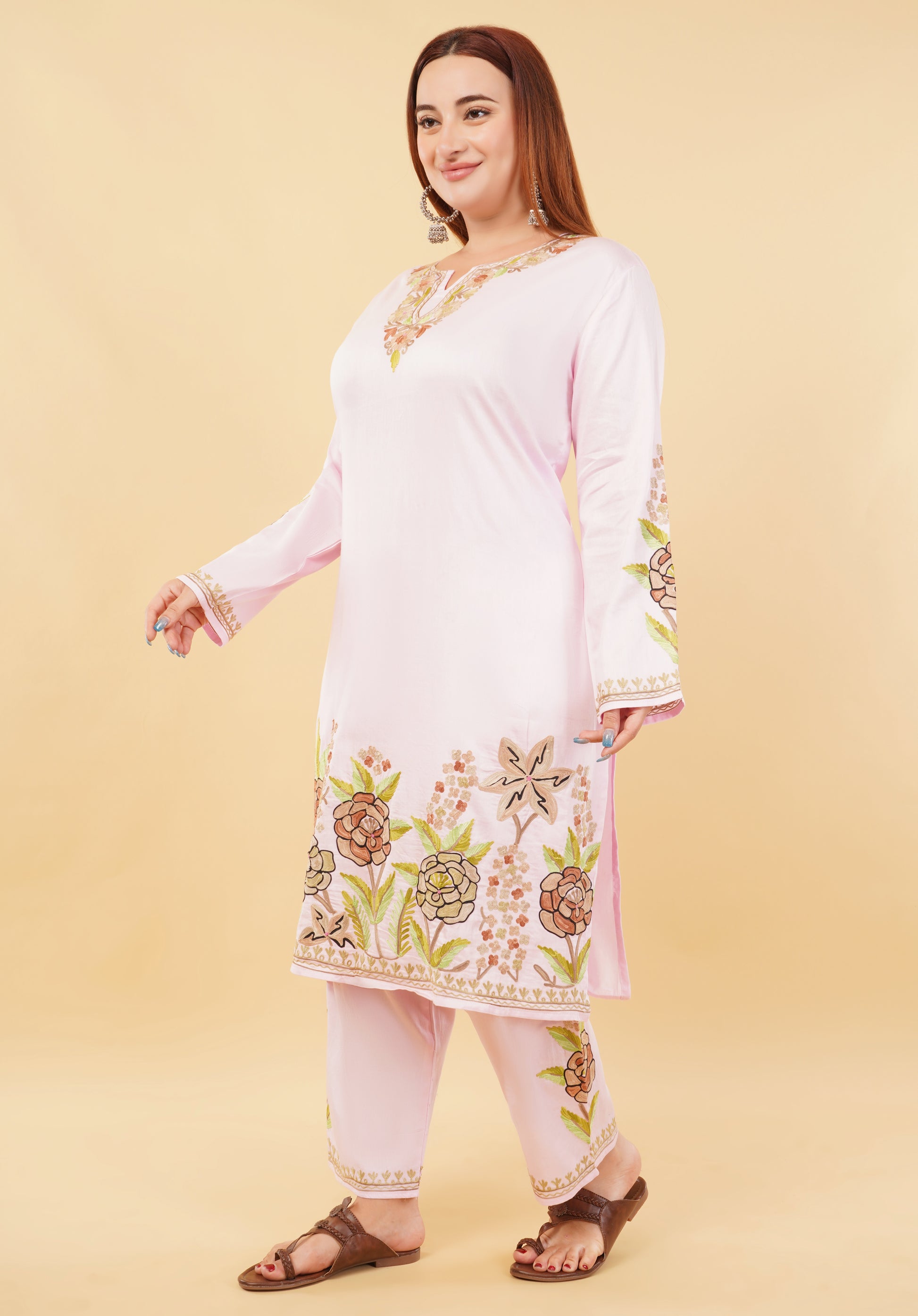 Kashmiri Aari embroidery Jaam Cotton Co-ord set Size-48 (Pink)