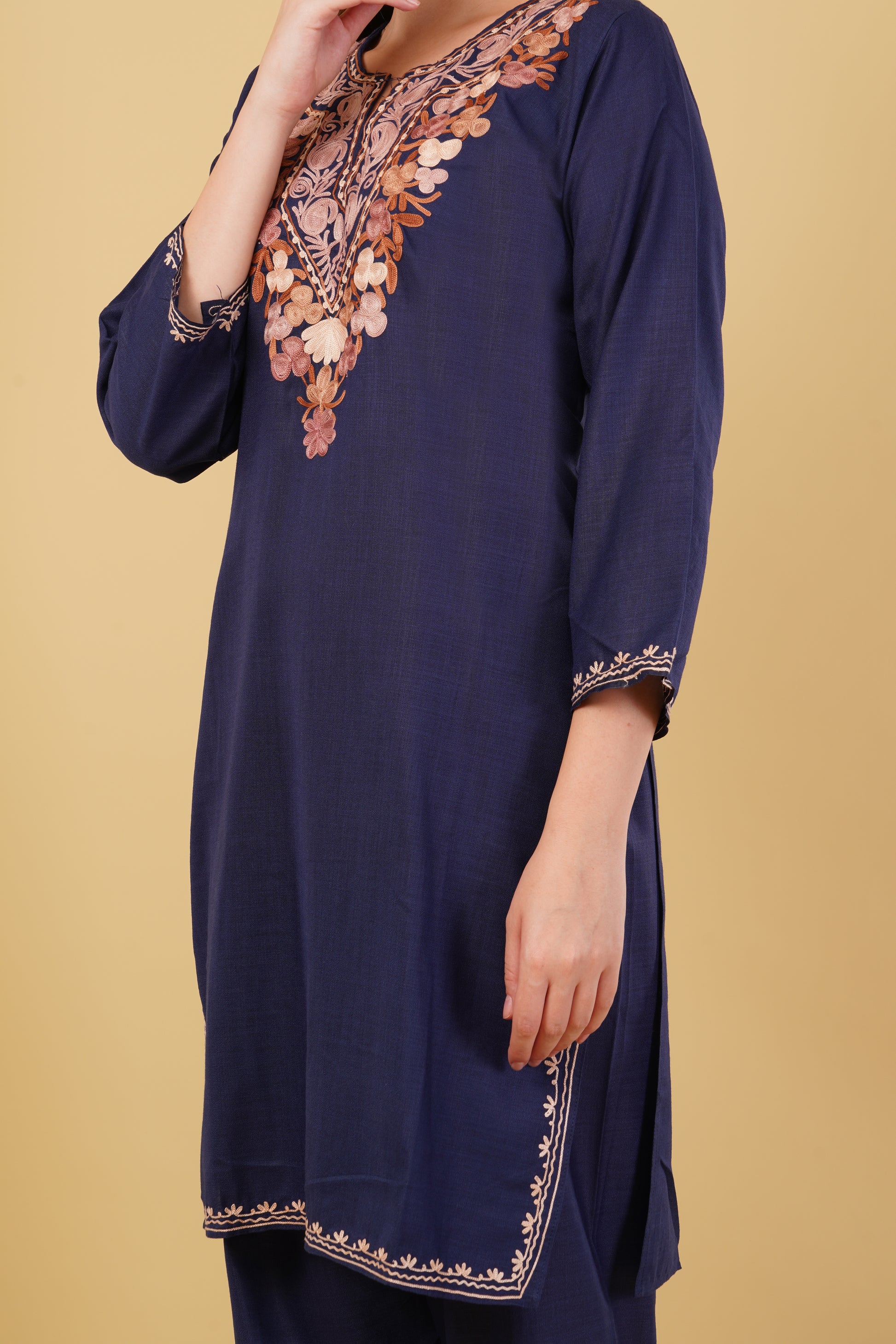 Kashmiri Aari embroidery Cotton Co-ord set Size-42 (Navy Blue)
