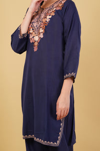 Kashmiri Aari embroidery Cotton Co-ord set Size-42 (Navy Blue)