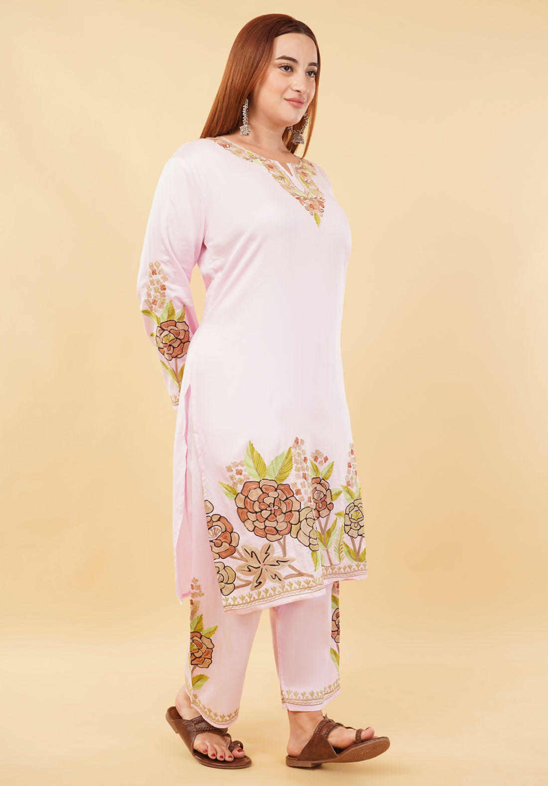 Kashmiri Aari embroidery Jaam Cotton Co-ord set Size-48 (Pink)