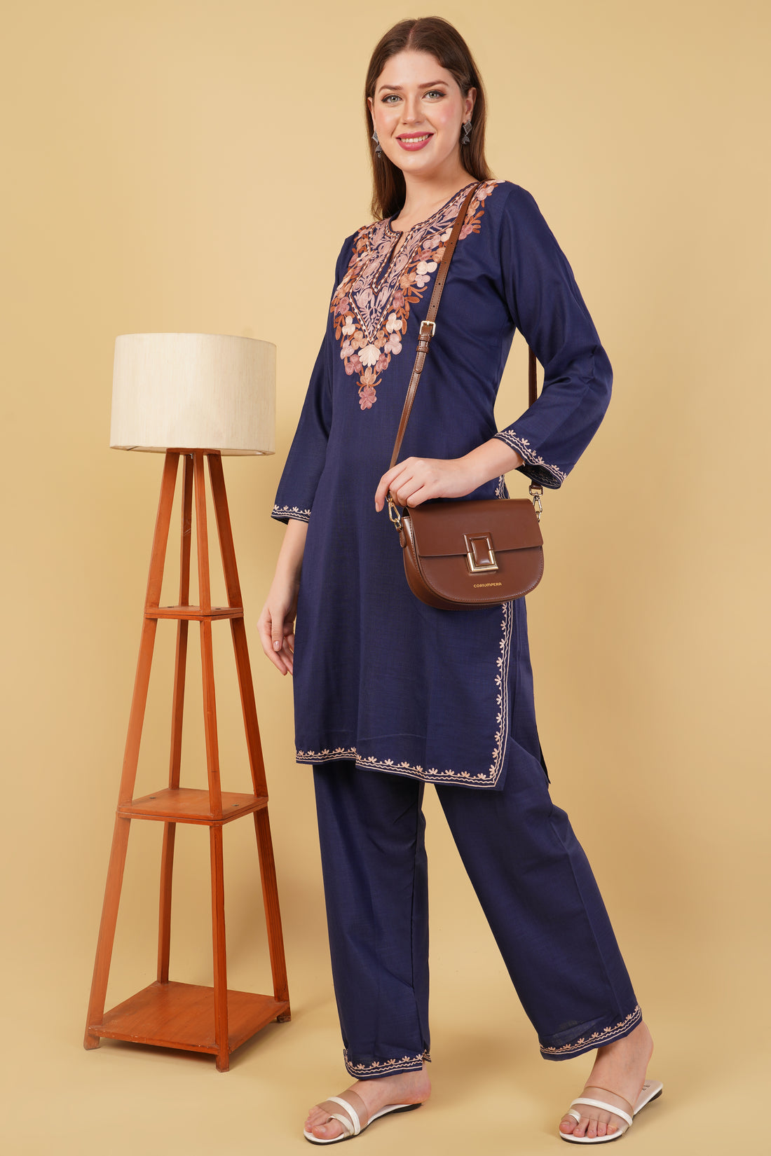 Kashmiri Aari embroidery Cotton Co-ord set Size-42 (Navy Blue)