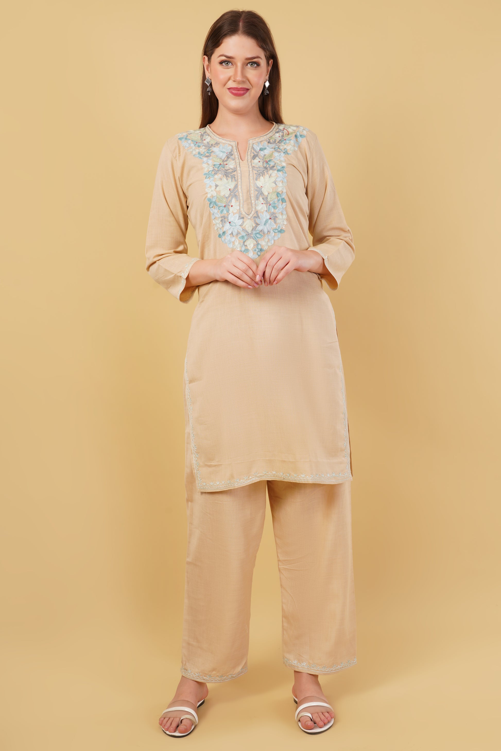 Kashmiri Aari embroidery Cotton Co-ord set Size-42 (Beige)