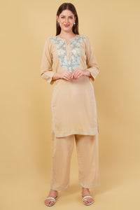 Kashmiri Aari embroidery Cotton Co-ord set Size-42 (Beige)