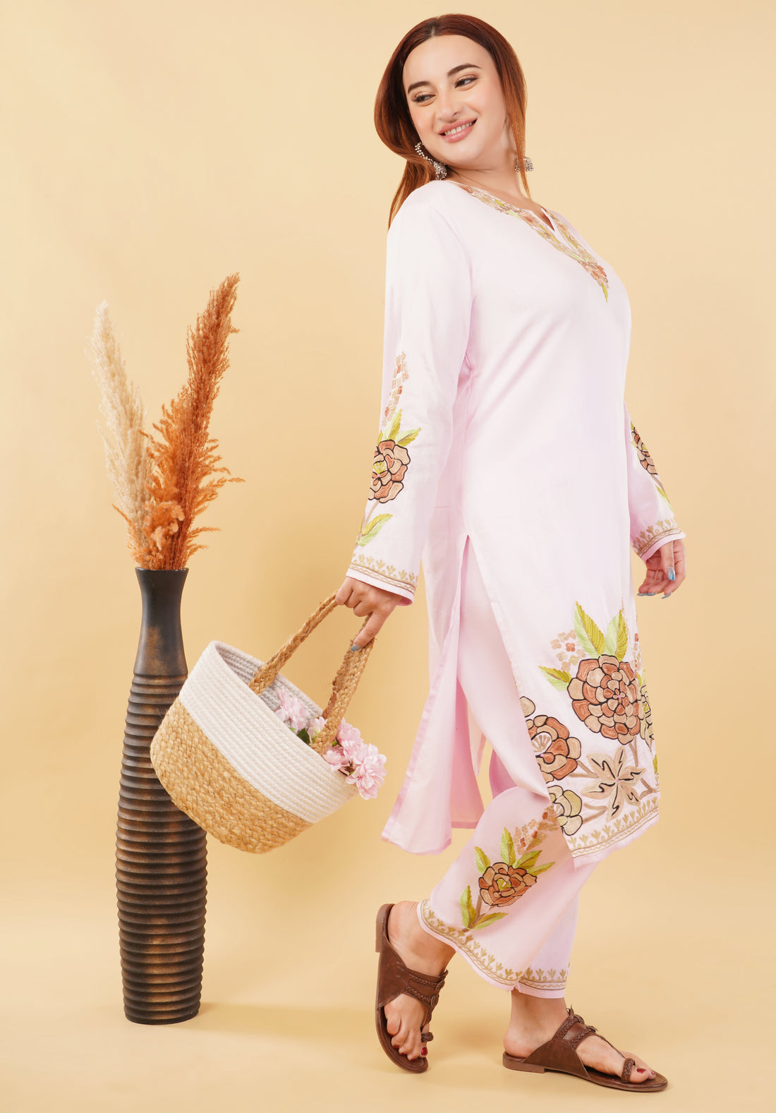 Kashmiri Aari embroidery Jaam Cotton Co-ord set Size-48 (Pink)