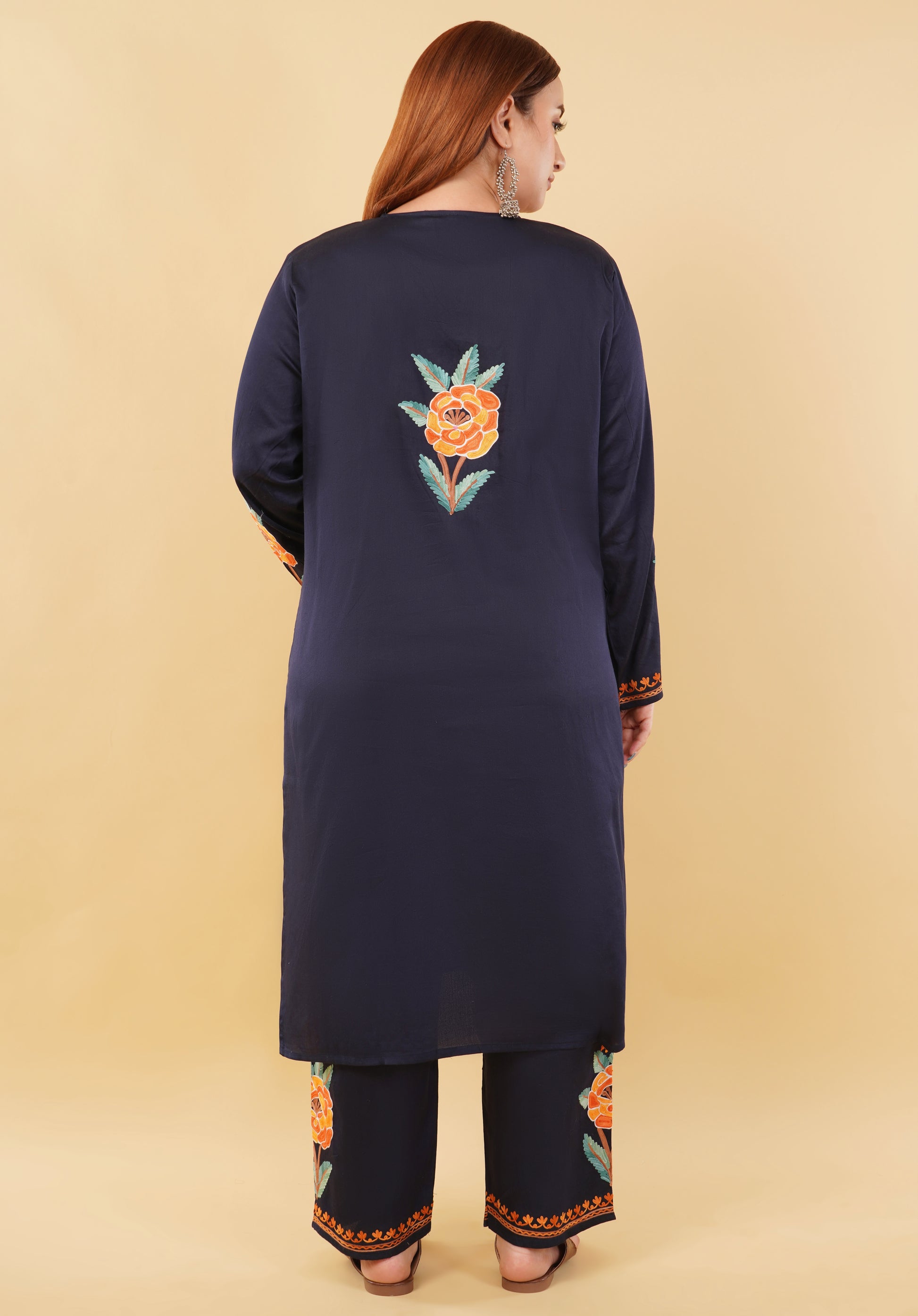 Kashmiri Aari embroidery Jaam Cotton Co-ord set Size-48 (Navy Blue)