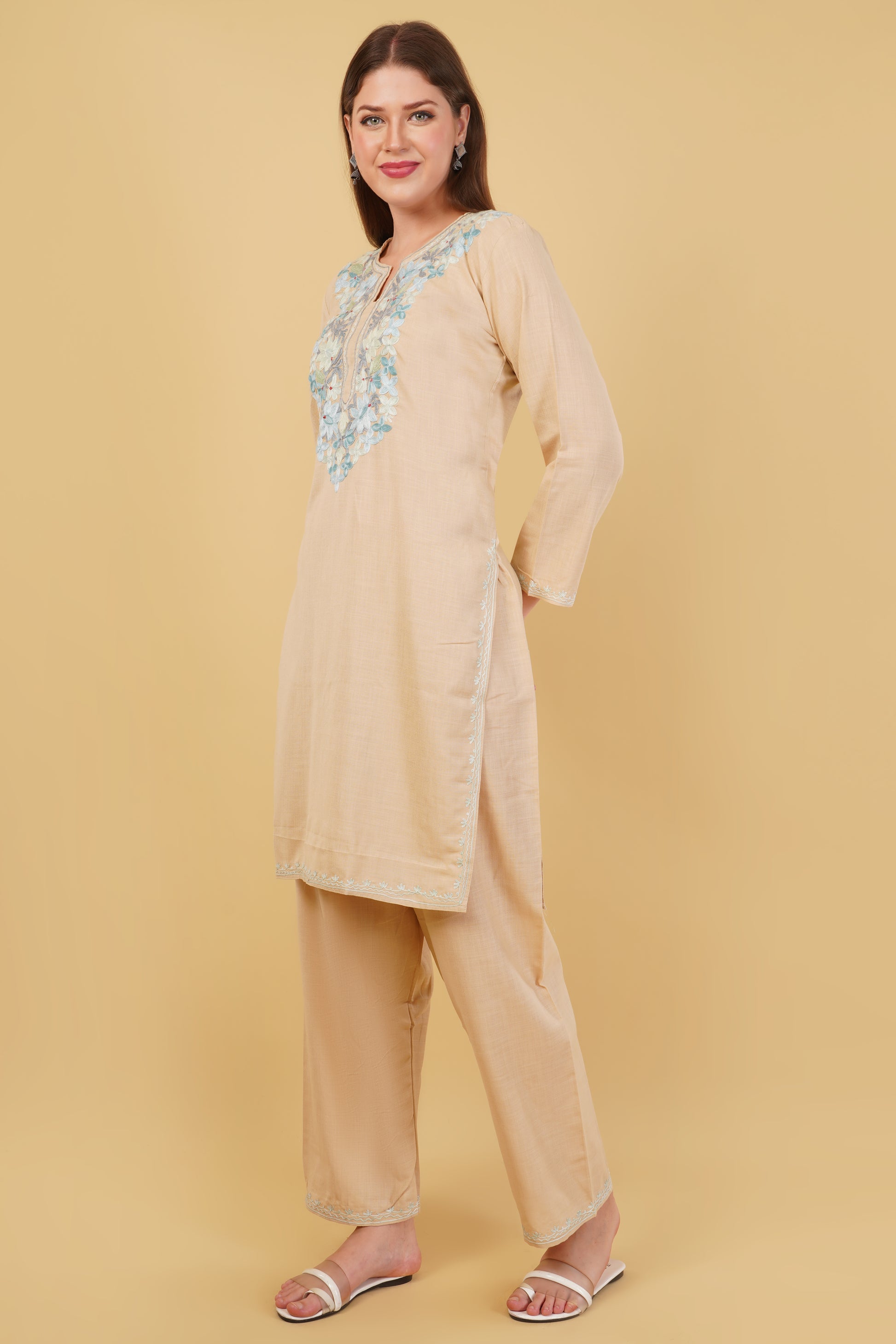 Kashmiri Aari embroidery Cotton Co-ord set Size-42 (Beige)