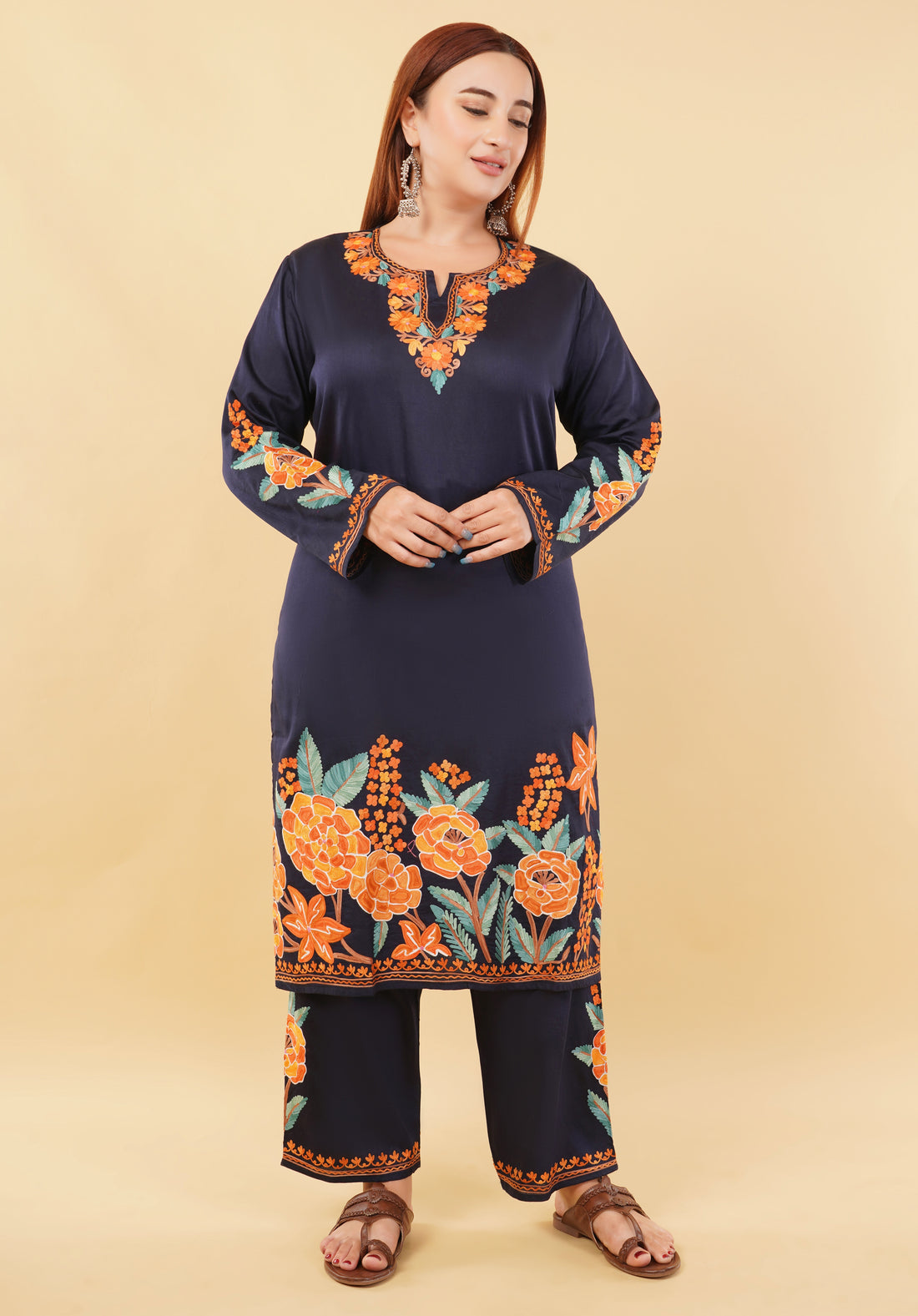 Kashmiri Aari embroidery Jaam Cotton Co-ord set Size-48 (Navy Blue)