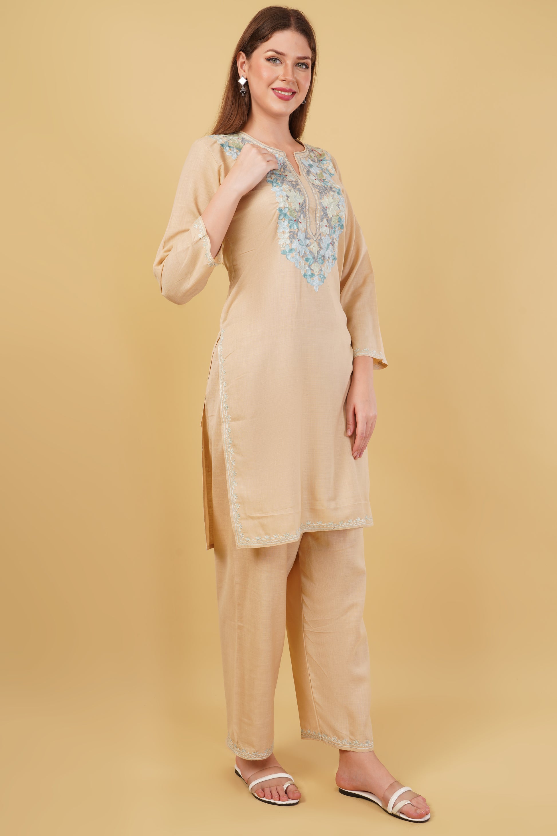 Kashmiri Aari embroidery Cotton Co-ord set Size-42 (Beige)