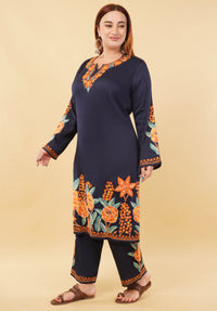 Kashmiri Aari embroidery Jaam Cotton Co-ord set Size-48 (Navy Blue)
