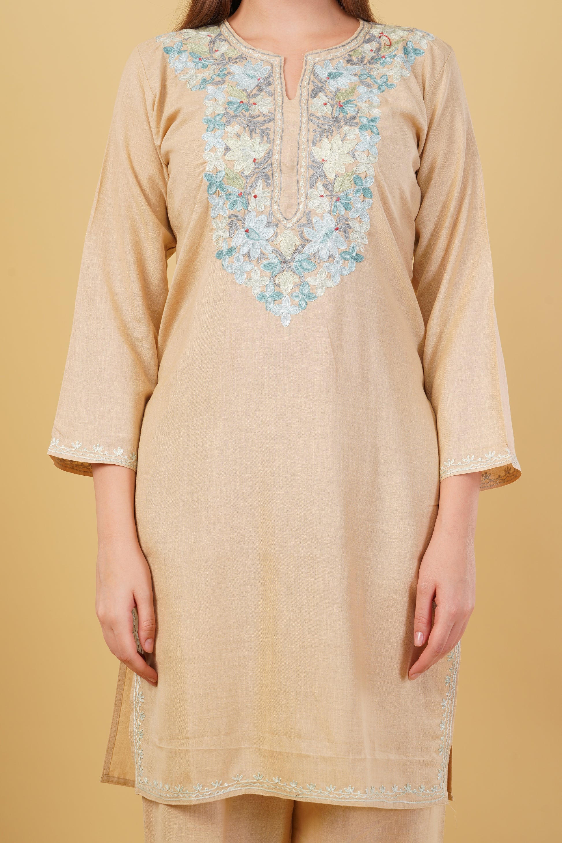 Kashmiri Aari embroidery Cotton Co-ord set Size-42 (Beige)