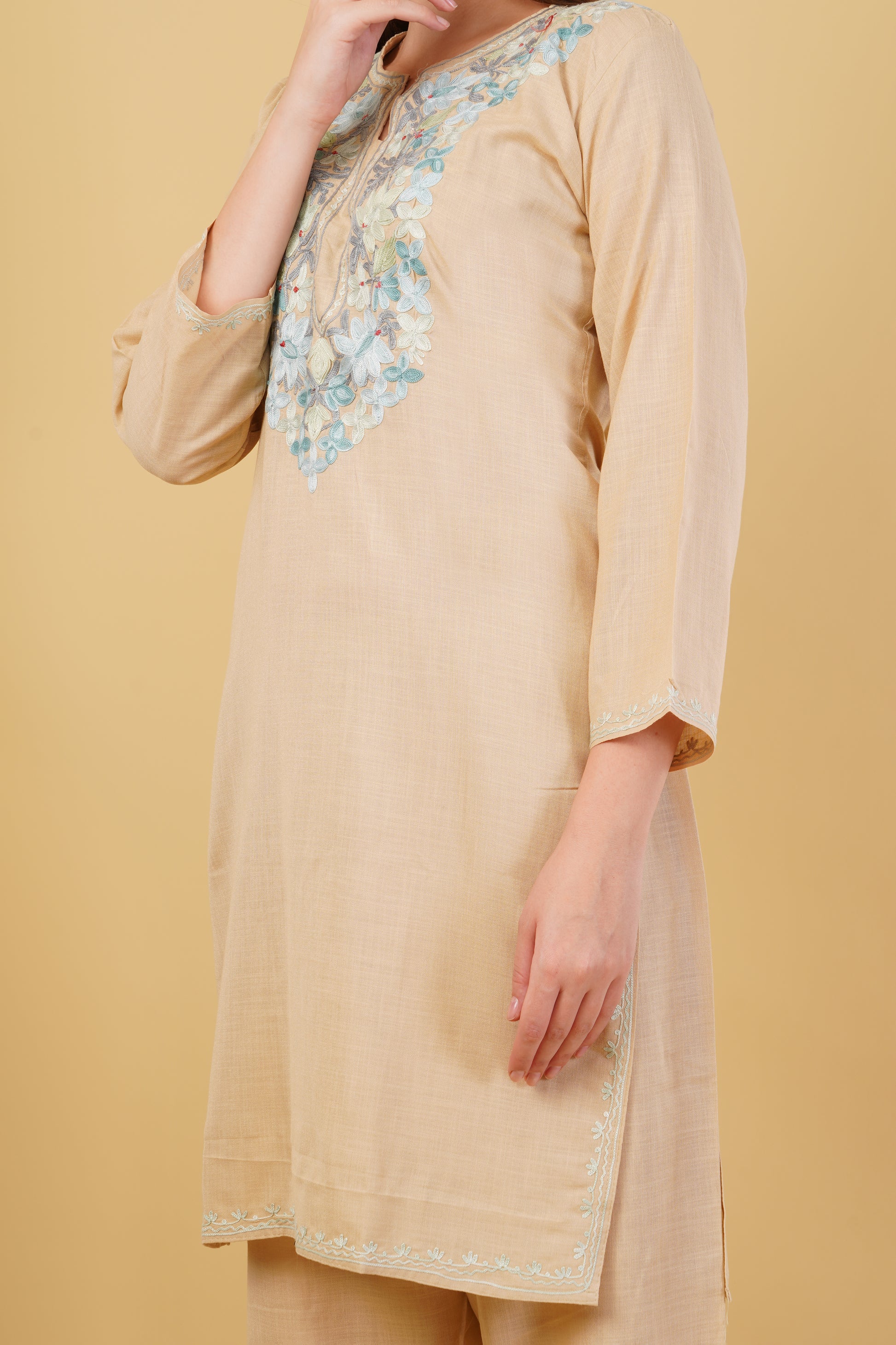 Kashmiri Aari embroidery Cotton Co-ord set Size-42 (Beige)