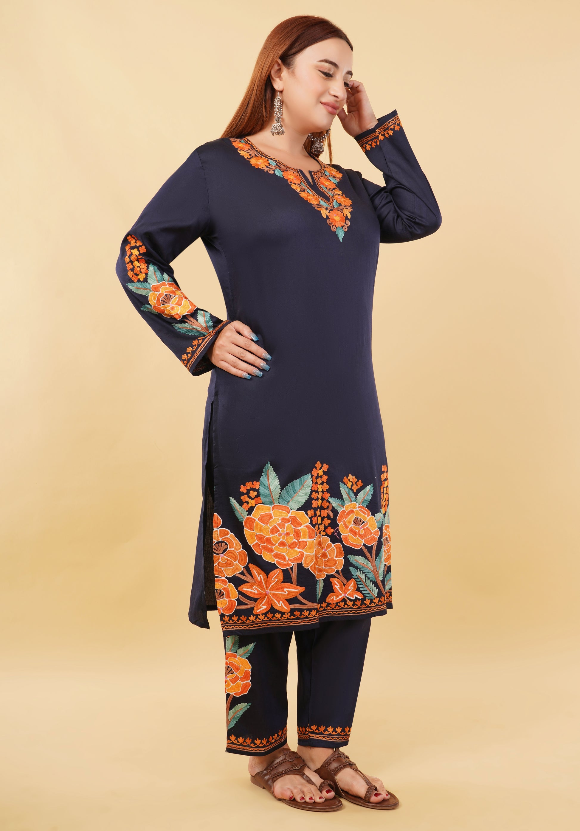 Kashmiri Aari embroidery Jaam Cotton Co-ord set Size-48 (Navy Blue)