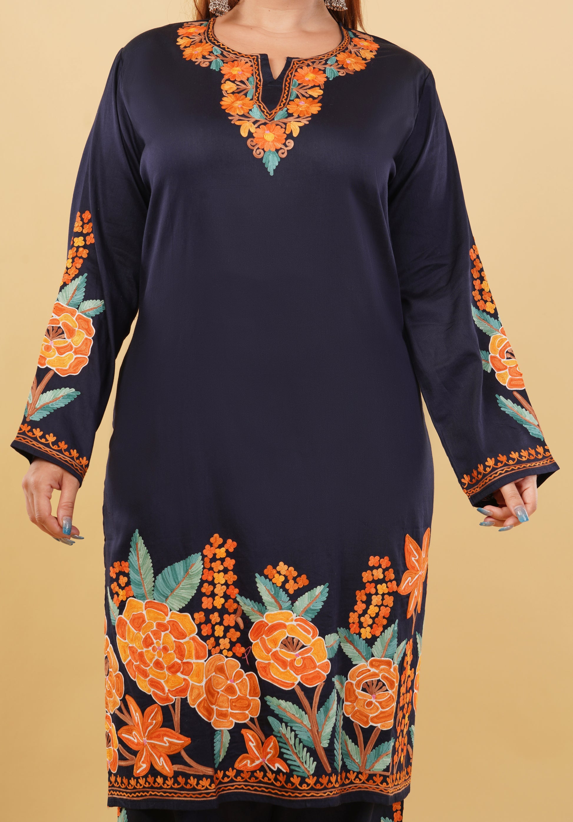 Kashmiri Aari embroidery Jaam Cotton Co-ord set Size-48 (Navy Blue)