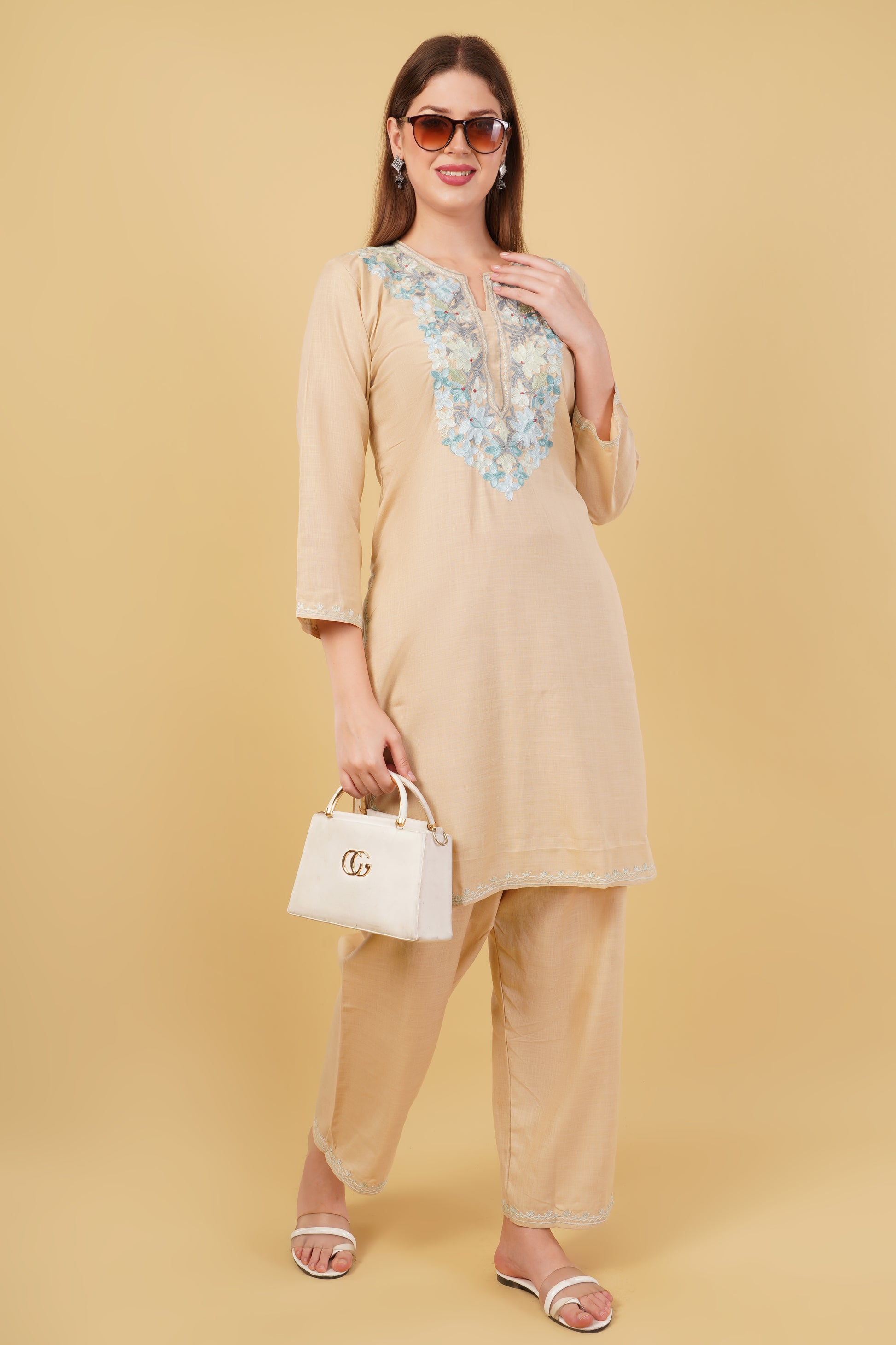 Kashmiri Aari embroidery Cotton Co-ord set Size-42 (Beige)