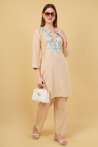 Kashmiri Aari embroidery Cotton Co-ord set Size-42 (Beige)