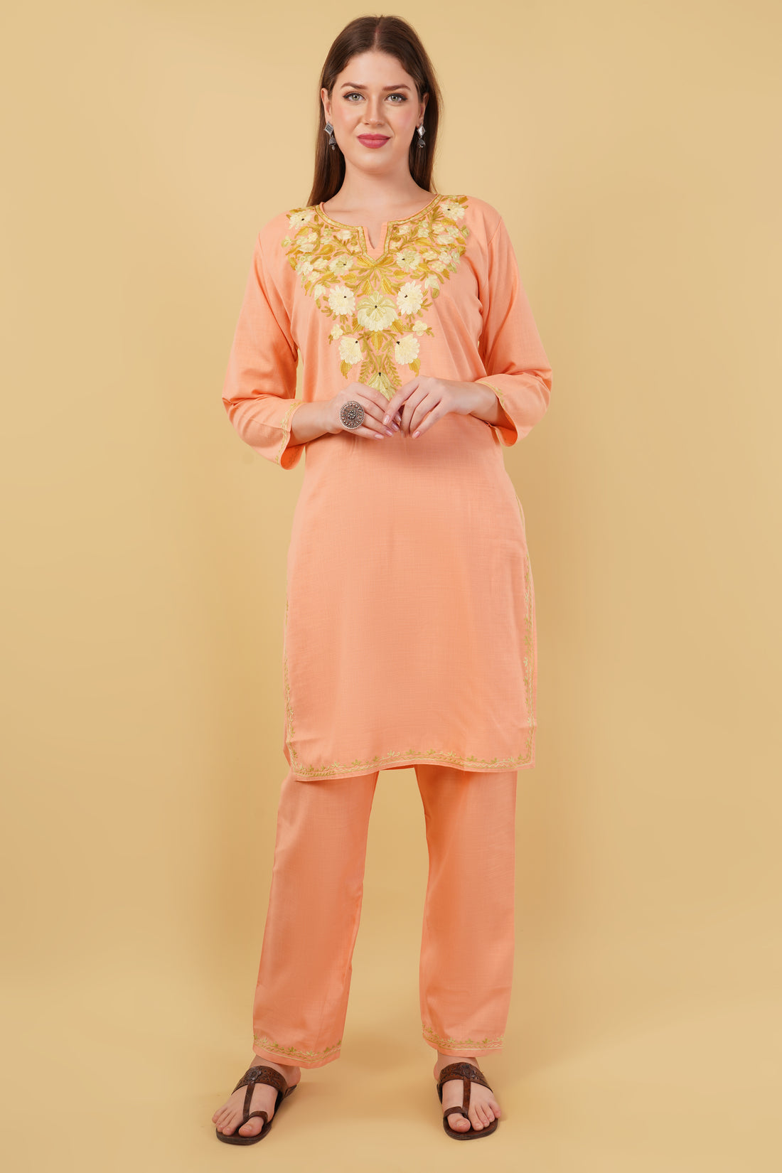 Kashmiri Aari embroidery Cotton Co-ord set Size-42 (Peach)