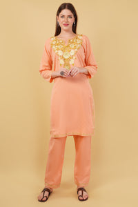 Kashmiri Aari embroidery Cotton Co-ord set Size-42 (Peach)