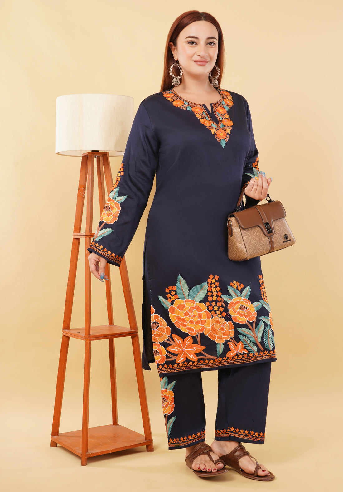 Kashmiri Aari embroidery Jaam Cotton Co-ord set Size-48 (Navy Blue)