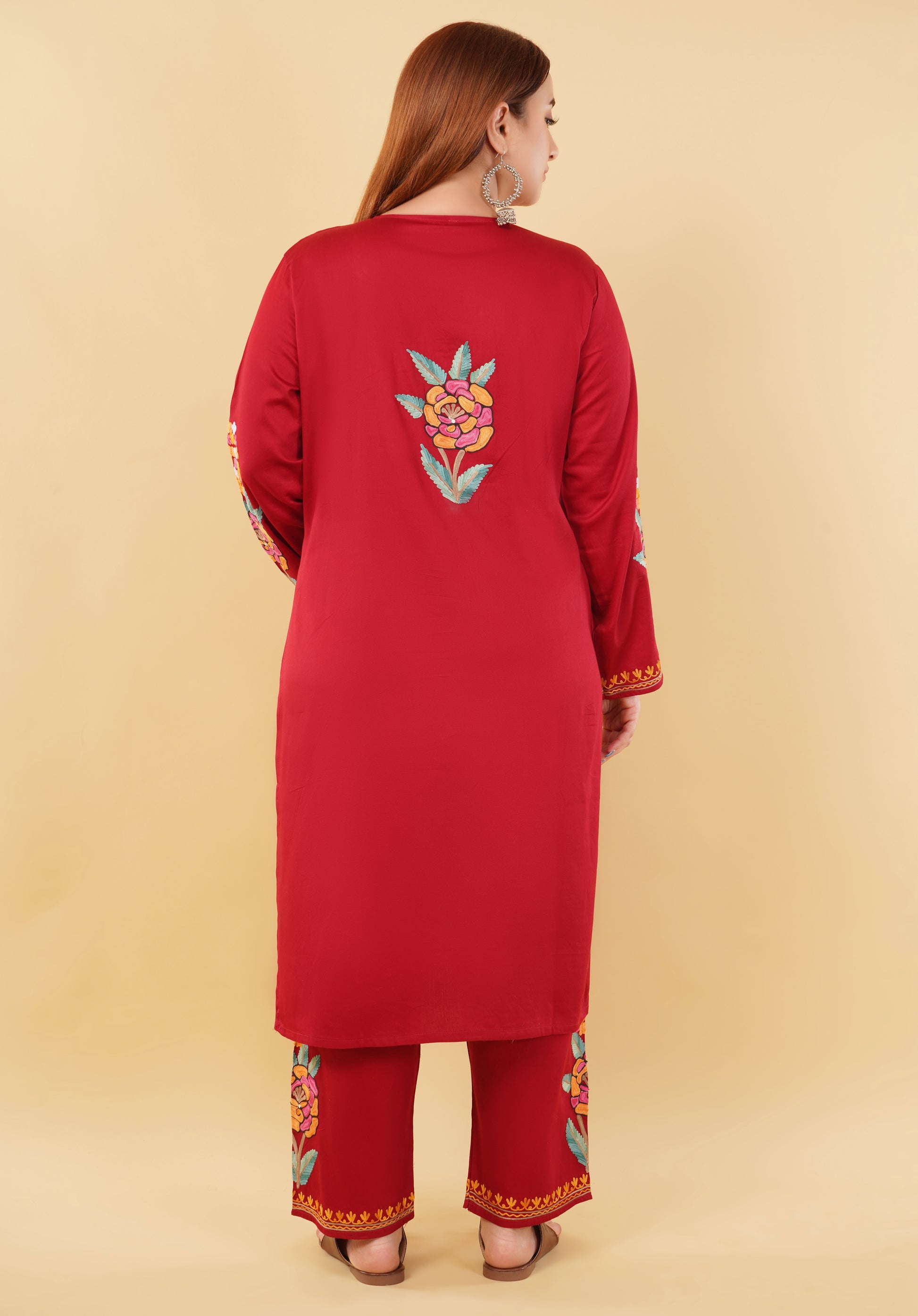 Kashmiri Aari embroidery Jaam Cotton Co-ord set Size-48 (Red)