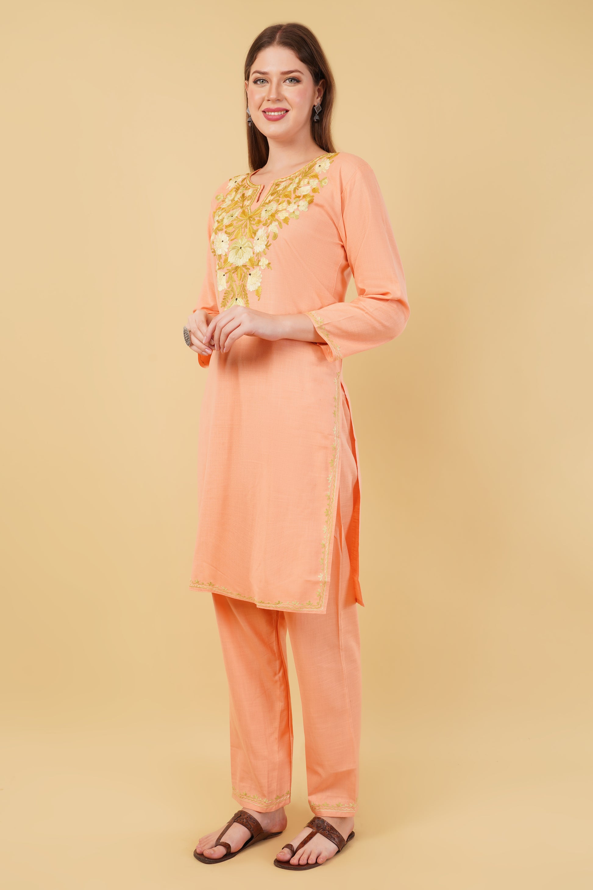 Kashmiri Aari embroidery Cotton Co-ord set Size-42 (Peach)