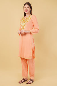 Kashmiri Aari embroidery Cotton Co-ord set Size-42 (Peach)