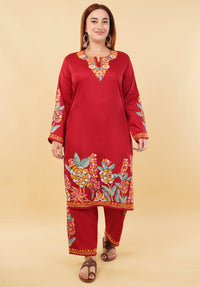 Kashmiri Aari embroidery Jaam Cotton Co-ord set Size-48 (Red)