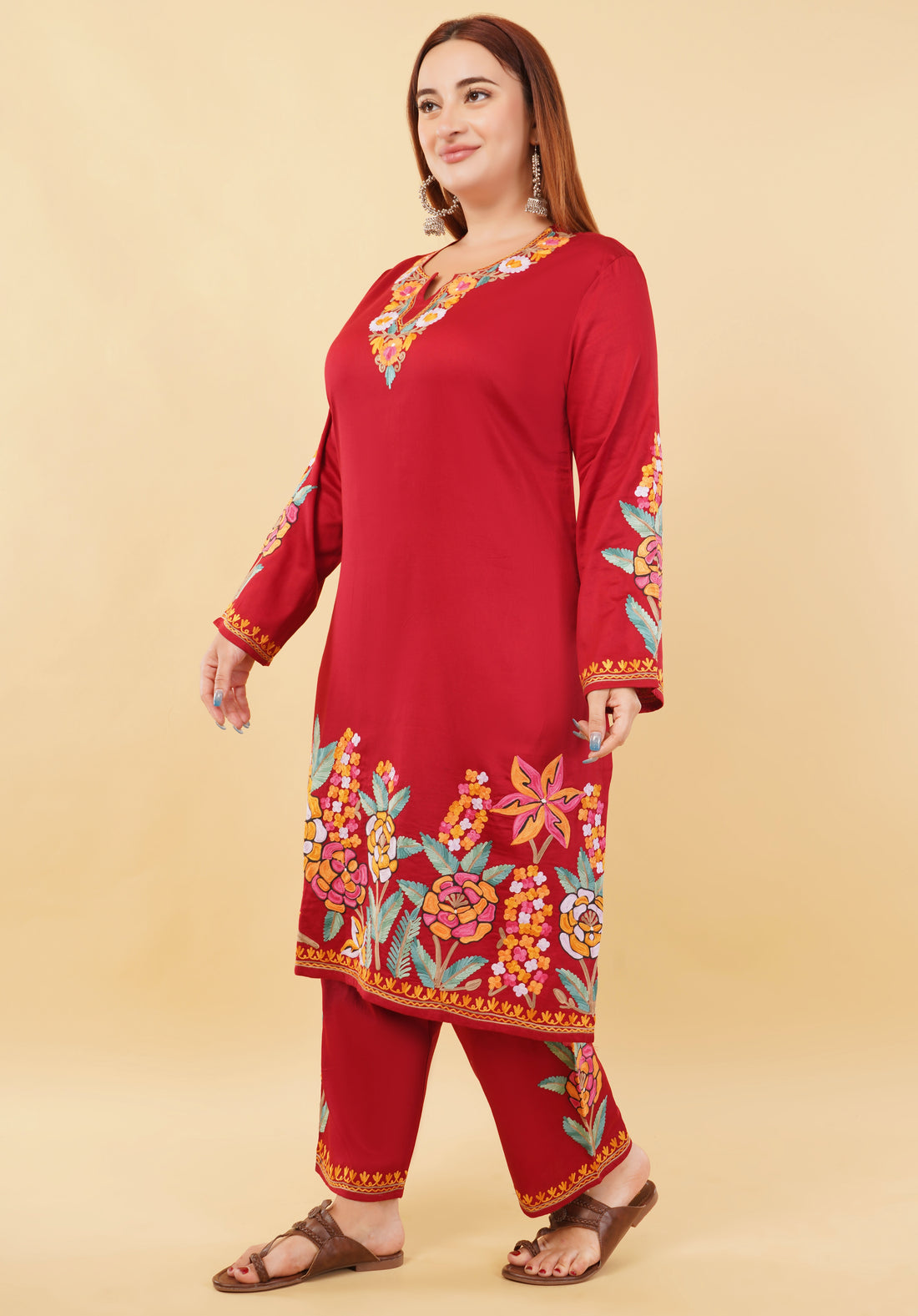 Kashmiri Aari embroidery Jaam Cotton Co-ord set Size-48 (Red)