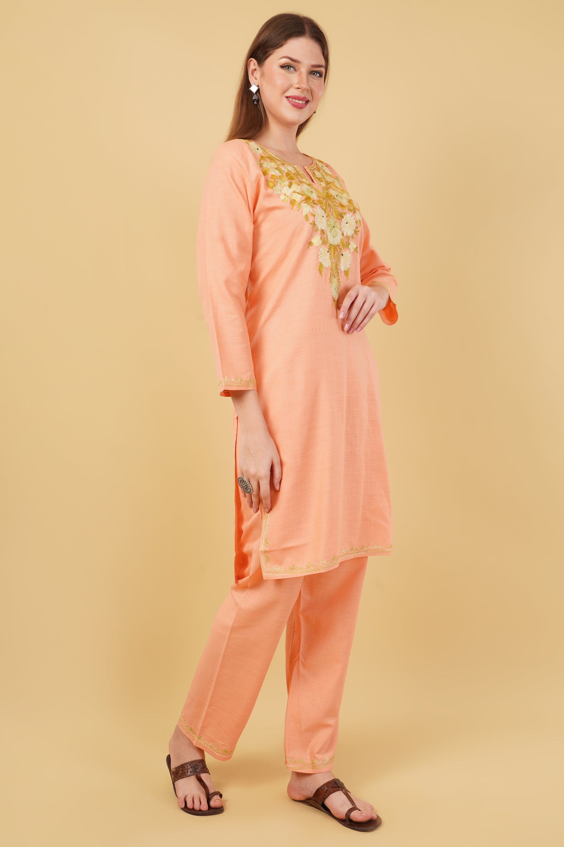 Kashmiri Aari embroidery Cotton Co-ord set Size-42 (Peach)