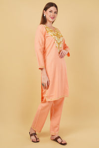 Kashmiri Aari embroidery Cotton Co-ord set Size-42 (Peach)