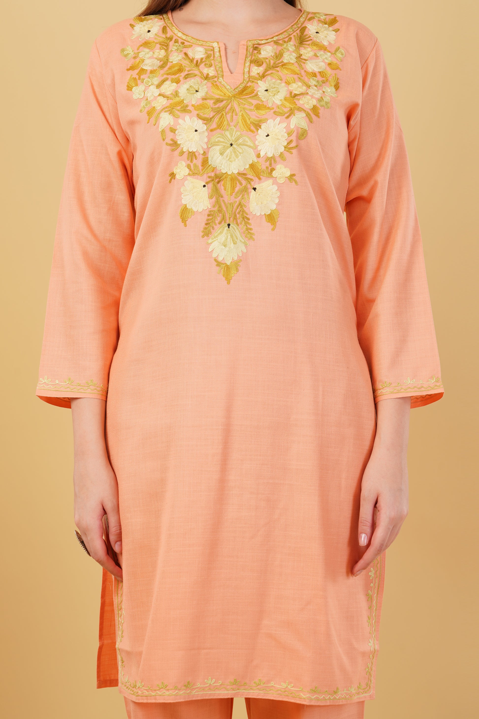 Kashmiri Aari embroidery Cotton Co-ord set Size-42 (Peach)
