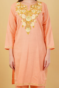 Kashmiri Aari embroidery Cotton Co-ord set Size-42 (Peach)