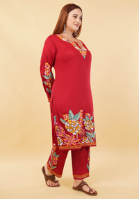 Kashmiri Aari embroidery Jaam Cotton Co-ord set Size-48 (Red)