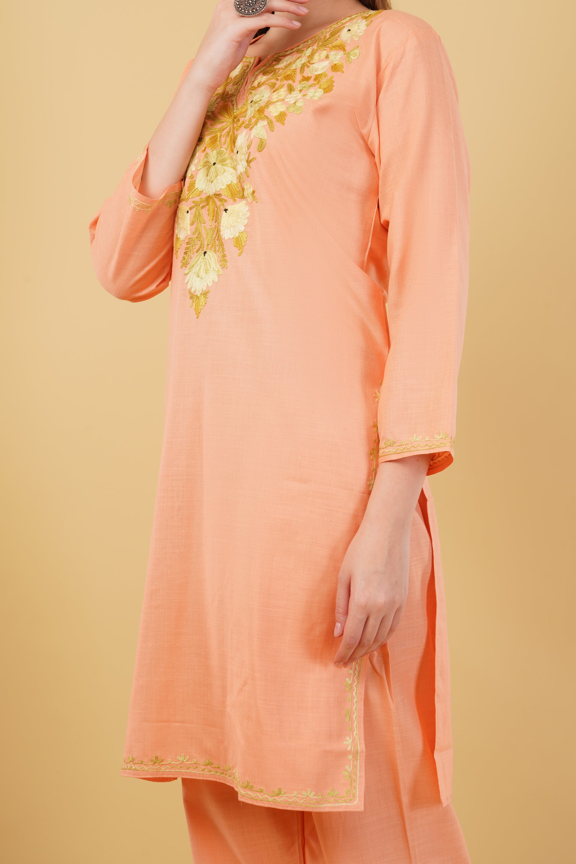 Kashmiri Aari embroidery Cotton Co-ord set Size-42 (Peach)